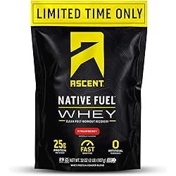 Ascent Native Fuel Whey Protein Powder - Post Workout Whey Protein Isolate, Zero Artificial Ingredients, Soy & Gluten Free, 5.7g BCAA, 2.7g Leucine, Essential Amino Acids, Strawberry 2 lb