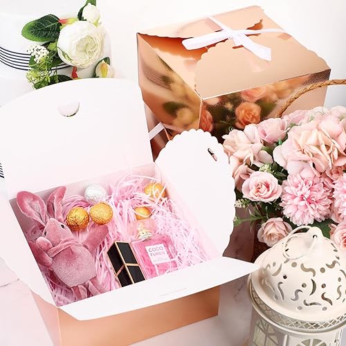 12 Pack Gift Boxes with Ribbons 8 x 8 x 4 Inch Present Boxes with Lids and Greeting Cards Elegant Paper Gift Wrap Boxes Bridesmaid Proposal Boxes for Wedding Birthday Christmas Party Rose Gold