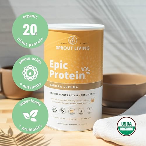 Sprout Living's Epic Protein, Plant Based Protein & Superfoods Powder, Vanilla Lucuma Powder | 20 Grams Organic Protein Powder, Vegan, Non Dairy, Non-GMO, Gluten Free, Low Sugar 2 Pound, 24 Servings