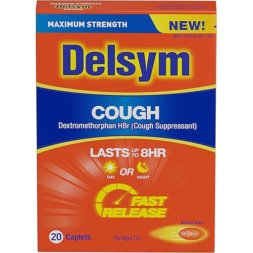 Maximum Strength Delsym Cough Suppressant, Fast Release Caplets, Lasts up to 8 Hour Day or Night, 20 Count