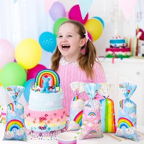 100 Pcs Rainbow Cloud Cellophane Bags Rainbow Goodie Gift Bags Rainbow Treat Bag Candy Bags with ties Unicorn Rainbow Birthday Party Decorations Rainbow Cloud Party Girl Boy Kid Baby Shower Favor Bags