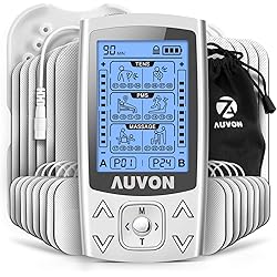 AUVON Dual Channel TENS EMS Unit 24 Modes Muscle Stimulator for Pain Relief & Muscle Strength for Tired and Sore Muscles in Your Shoulders, Back, Ab's, Legs, Knee's and More 2"x2" 16pcs, 2"x4" 10pcs