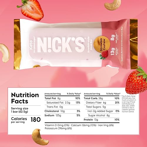 Nick's Smak Bar, Refrigerated Protein Bar, No Added Sugar, Keto Snack, 13g Protein, Meal Replacement Bar, Healthy Snack Bar, 8g net carbs, 8 Count, Strawberry Cashew