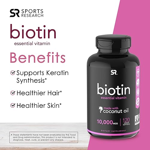 Sports Research Extra Strength Vegan Biotin Vitamin B Supplement with Organic Coconut Oil - Supports Keratin for Healthier Hair & Nails - Great for Women & Men - 10,000mcg, 120 Veggie Softgel Capsules