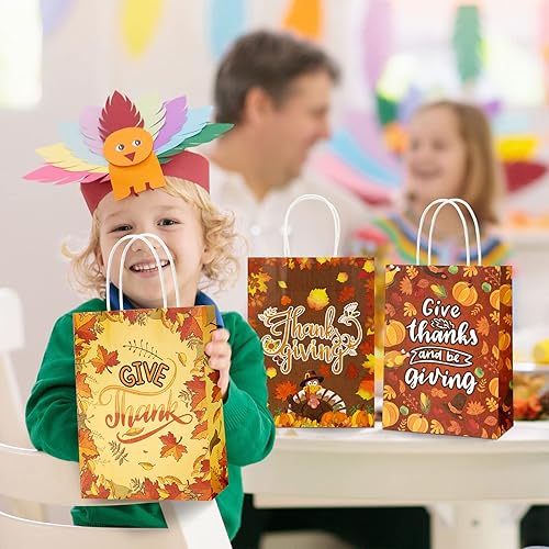 20 Pack Fall Gift Bags Kraft Bag with Handle Fall Leaves Goodie Candy Bag Paper Fall Treat Bags Thanksgiving Goodie Bag Maple Leaves Pumpkin Gift Wrap Bags for Thanksgiving Autumn Harvest Party Decor
