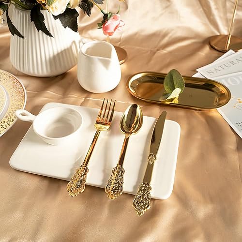 N9R 300pcs Gold Plastic Silverware Dinnerware Flatware- Heavyweight Gold Plastic Cutlery Set, 100 Gold Forks, 100 Gold Spoons, 100 Gold Knives, Gold Utensils for Party, Wedding,Birthday
