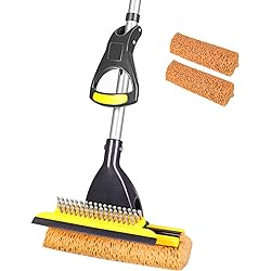 Yocada Sponge Mop Home Commercial Use Tile Floor Bathroom Garage Cleaning with Total 2 Sponge Heads Squeegee and Extendable Telescopic Long Handle 42.5-52 Inches Easily Dry Wringing