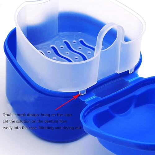 OBTANIM 2 Pack Denture Bath Cup Case Box Holder Storage Soak Container with Strainer Basket for RetainersTravel False Teeth Cleaning Blue, Green