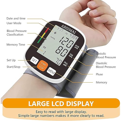 Automatic Wrist Blood Pressure Monitor: Adjustable Cuff 2AAA Battery and Storage Case - Irregular Heartbeat Detector & 198 Readings Memory Function & Large LCD Screen