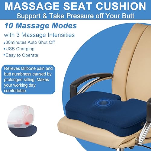 Massage Seat Cushion for Pressure Relief, HONGJING Memory Foam Office Chair Cushions for Long Sitting, Butt Pillow with Massaging, Great for Sciatica, Coccyx and Tailbone Pain Relief Blue