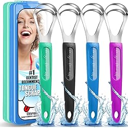 Tongue Scraper, 4 Pack Medical Grade Metal Stainless Steel Tongue Scraping Tools Kit with Dual Scraping Heads & Antiskid Grip Handle for Adults and Kids - with 2 Pcs Travel Case