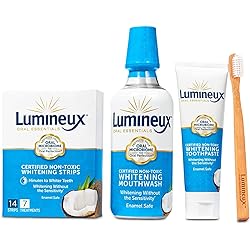 Lumineux Teeth Whitening Kit - Enamel Safe for Whiter Teeth - Includes 7 Whitening Treatments, 1 Mouthwash, 1 Toothpaste & 1 Bamboo Toothbrush - Certified Non-Toxic, Fluoride Free & Dentist Formulated