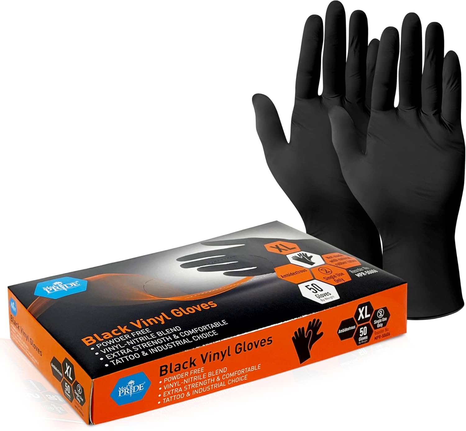 MED PRIDE Extra Strength Black Vinyl Disposable Gloves, Powder & Latex-Free, For Surgical, Tattoo Artist, Food Prep Use
