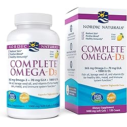 Nordic Naturals Complete Omega-D3, Lemon Flavor - 120 Soft Gels - 565 mg Omega-3 70 mg GLA 1000 IU Vitamin D3 - EPA & DHA - Healthy Skin & Joints, Cognition, Positive Mood - Non-GMO - 60 Servings