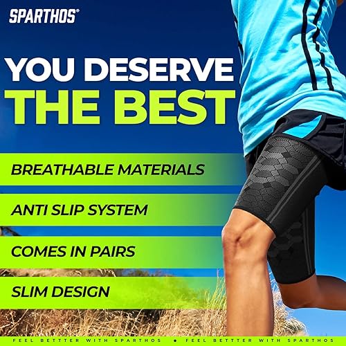 Sparthos Thigh Compression Sleeves Pair – Quad and Hamstring Support – Upper Leg Sleeves for Men and Women – Made from Innovative Breathable Elastic Blend – Anti Slip