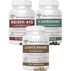 Real Mushrooms Lions Mane 120ct, Reishi 90ct, 5 Defenders 90ct Capsules Bundle - Mushroom Supplement for Cognition, Longevity, Relaxation & Immune Strength - Vegan, Non-GMO