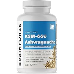 Brain Forza KSM-66 Ashwagandha Organic Pure Root Extract, Strongest 1,000mg Dose, High Potency 5% Withanolides, Hormone Health, Cognitive Support, Organic, Non-GMO, 90 Capsules