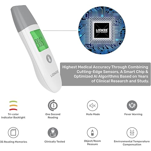 LOOKEE Petite Infrared Touchless Forehead Thermometer for Adults and Kids | Baby Thermometer with Fever Alarm | 3-In-1 No Touch Medical Digital Thermometer with Memory of 35 Readings | Battery & Pouch