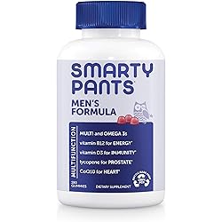 SmartyPants Men's Formula, Daily Multivitamin for Men: Vitamins C, D3, Zinc, Omega 3, CoQ10, B12 for Immune Support, Energy, Prostate & Heart Health, Fruit Flavor, 180 Gummies 30 Day Supply
