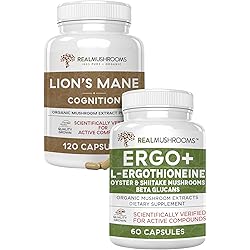 Real Mushrooms Ergothioneine 60ct and Lions Mane 120ct Bundle with Shiitake and Oyster Mushroom Extracts - Longevity and Cognition - Vegan, Gluten Free, Non-GMO - Natural Support for Healthy Aging
