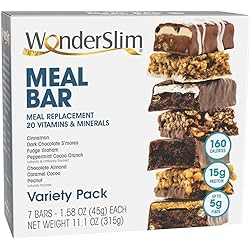 WonderSlim Meal Replacement Protein Bar, Variety Pack - 160 Calories, 15g Protein, 5g Fiber 7ct