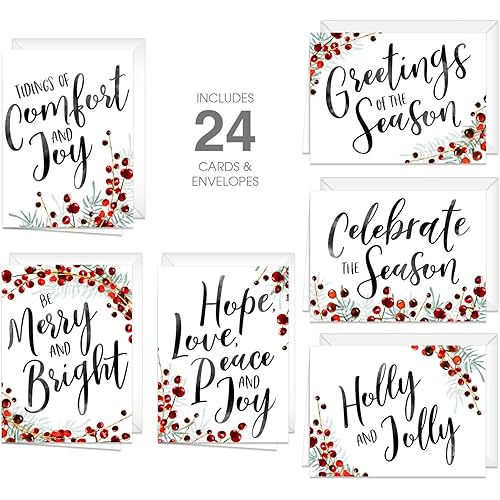 Pine And Berry Watercolor Holiday Card Assortment 24 Cards With White Envelopes 6 14" x 4 58" Rustic Christmas Note Cards