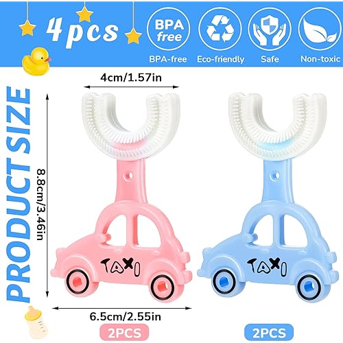 4 Pcs Kids U Shaped Toothbrushes Age 2-6 and 6-12 Toddler with Car Shaped Handle Full Mouth Toothbrush 360 Kids Toothbrush Soft Baby Round Toothbrush for Oral Teeth Thorough Cleaning, Blue and Pink