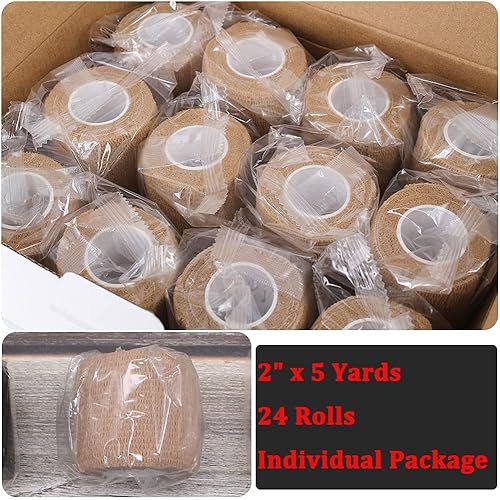 24 Pack 2" X 5 Yards Brown Breathable Self Adhesive Bandage Wrap, Multi-Purpose Non-Woven Cohesive Wrap - Vet Wrap | Athletic Tape | Medical Tape, Ankle Sprains, Swelling, Pets