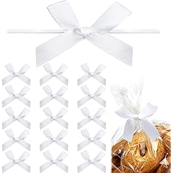 100 Pieces Mini Satin Ribbon Twist Tie Bows DIY Twist Bow Crafts Tying Up for Halloween Christmas Wedding Gift Wrapping Candy Treat Bags Decoration White