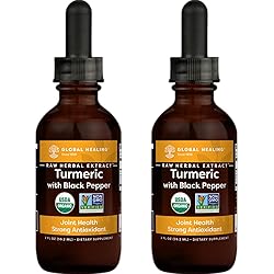 Global Healing Organic Turmeric with Black Pepper Extract Liquid Drops Supplement to Support Joint Mobility and Digestive Health - Antioxidant for Heart Health & Natural Well-Being - 2 Fl oz 2-Pack