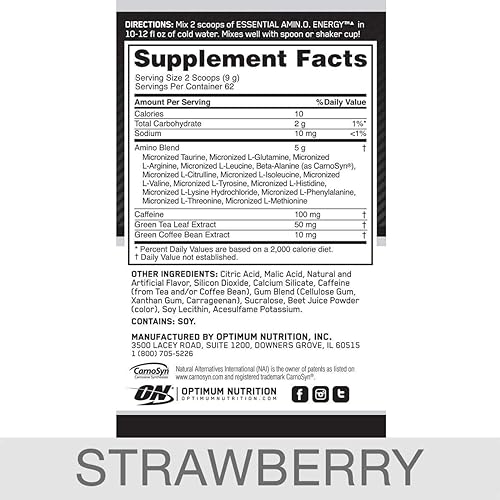 Optimum Nutrition Essential Amino Energy, Juicy Strawberry Burst, Preworkout and Postworkout Recovery with Essential Amino Acids and Caffeine from Natural Sources, 62 Servings, 1.23 lb, Pack of 1