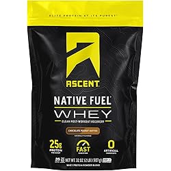Ascent Native Fuel Whey Protein Powder - Post Workout Whey Protein Isolate, Zero Artificial Ingredients, Soy & Gluten Free, 5.7g BCAA, 2.7g Leucine, Essential Amino Acids, Chocolate Peanut Butter 2 lb
