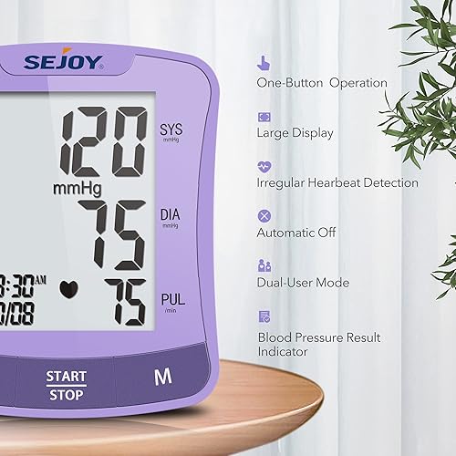 Sejoy Blood Pressure Monitors for Home Use, Blood Pressure Cuff Wrist, Blood Pressure Monitor Machine, Bp Cuff Automatic Wrist-120 Memories 5.3-8.5 Adjustable Cuff-Storage Bag Batteries, Purple