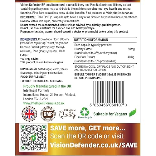 Bilberry & Pine Bark Extract Supplement: VISION DEFENDER BP – Natural Powerful Antioxidants Anthocyanins and Procyanidins Work in Synergy for Eye Pressure and Eye Health Support 60 Vegan Capsules