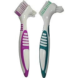 Gus Craft 2-Pack Denture Cleaning Brush Set- Premium Hygiene Denture Cleaner Set for Denture Care- Top Denture Cleanser Tool wMulti-Layered Bristles & Ergonomic Rubber Handle Green and Purple