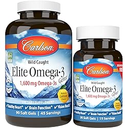 Carlson - Elite Omega-3 Gems, 1600 mg Omega-3 Fatty Acids Including EPA and DHA, Norwegian, Wild-Caught Fish Oil Supplement, Sustainably Sourced Omega 3 Fish Oil Capsules, Lemon, 9030 Softgels
