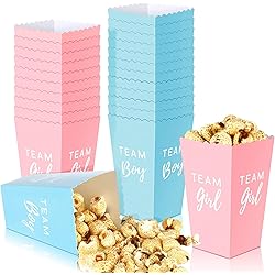 50 Pack Gender Reveal Paper Popcorn Boxes Blue Pink Decorative Dinnerware Mini Popcorn and Candy Favor Treat Boxes Team Boy Girl Paper Popcorn Boxes for Baby Shower Gender Reveal Party Supplies