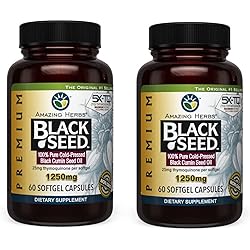 Amazing Herbs Premium Black Seed Oil Capsules - High Potency, Cold Pressed Nigella Sativa Aids in Digestive Health, Immune Support & Brain Function - 60 Count, 1250mg Pack of 2