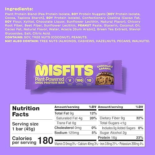 Misfits Vegan Protein Bar, Plant Based Chocolate Protein Bar, High Protein, Low Sugar, Low Carb, Gluten Free, Dairy Free, Non GMO, Pack Of 12 Chocolate Caramel