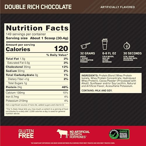 Optimum Nutrition Gold Standard 100% Whey Protein Powder, Double Rich Chocolate 10 Pound Packaging May Vary
