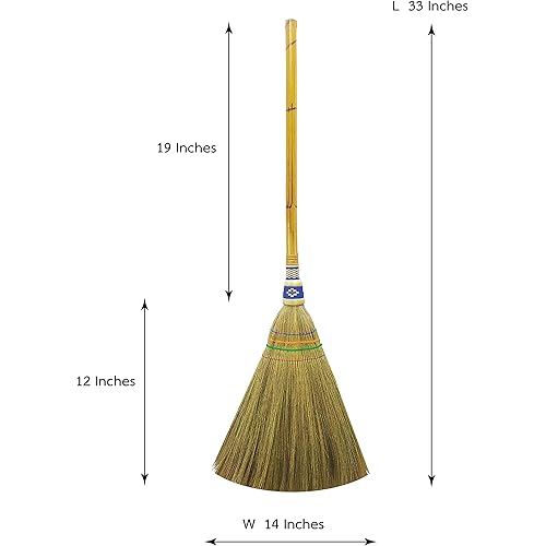 33 inch of Asian Broom for Cleaning Tile Floor,Soft bristles,Bamboo Stick Handle for Sweeping Dirt dust Garbage Vintage Broom,Durable Broom Indoor & Outdoor