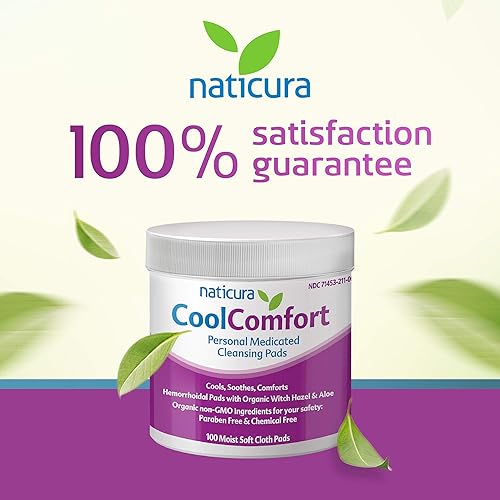 Naticura: CoolComfort Personal Cleansing Pads with Organic Witch Hazel and Aloe Vera - All-Natural and Fast Acting Wipes for Hemorrhoid Burning, Itching, Pain and Swelling - 100 Pads - No Parabens