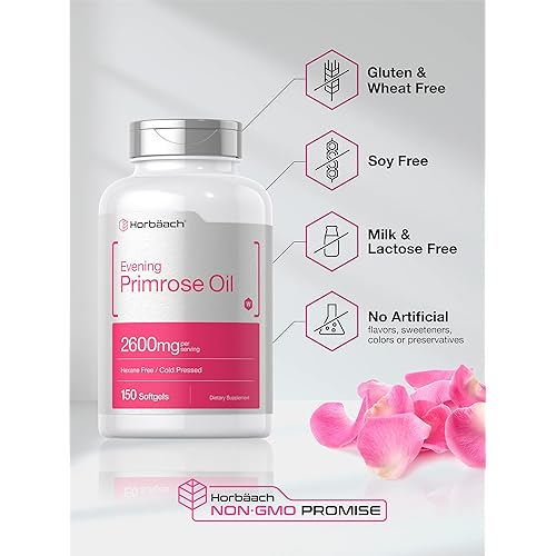 Evening Primrose Oil Capsules 2600mg | 150 Softgels | Hexane and Solvent Free Pills | Cold Pressed Supplement with GLA | Non-GMO, Gluten Free | by Horbaach