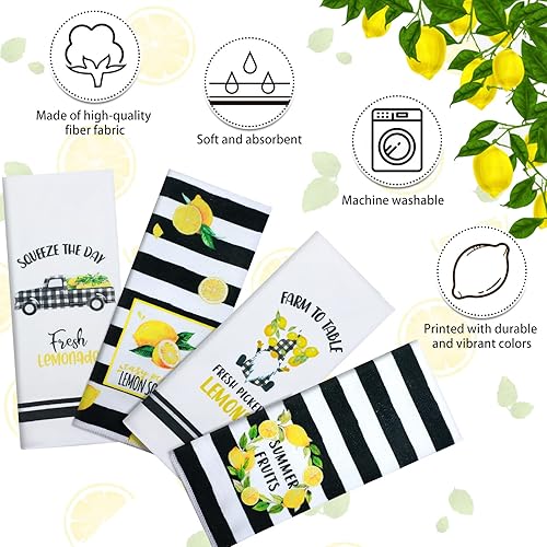 4 Pieces Lemon Kitchen Dish Towels Set Watercolor Stripes Summer Gnomes Hand Towels Squeeze The Day Fresh Lemonade Drying Cloth for Cleaning Cooking Baking Housewarming Gifts, 18 x 26 Inch