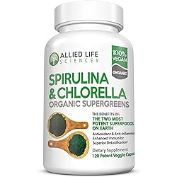 Allied Life Spirulina and Chlorella | Organic Chlorophyll Vegan Protein Powder Green Superfood | 120 Capsules