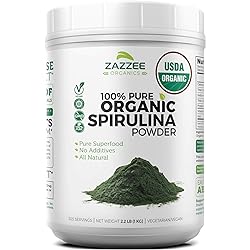 Zazzee USDA Organic Spirulina Powder 2.2 Pounds 1 KG, 303 Servings, 100% Pure and Non-Irradiated, Vegan, All-Natural, and Non-GMO, Mess-Free Wide Mouth Container, Fresh Smell and Neutral Taste
