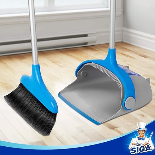 MR.SIGA Upright Broom and Dustpan Set, Blue&Gray