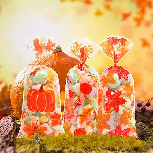 DERAYEE 120 Pieces Fall Cellophane Treat Bags, Fall Gift Bags Goodie Bags of Fall leaves for Kids Autumn Party Favor Supplies
