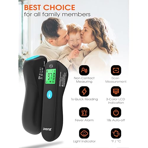 Danz No-Touch Thermometer for Adults, Forehead Digital Thermometer with 3-Color LCD Screen, Infrared Thermometer with Indicator Light, 1 Second Fast Reading, Fever Alarm for Home, Office, Hospital