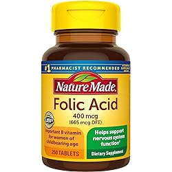Nature Made Folic Acid 400 mcg 665 mcg DFE, Dietary Supplement for Nervous System Function, 250 Tablets, 250 Day Supply